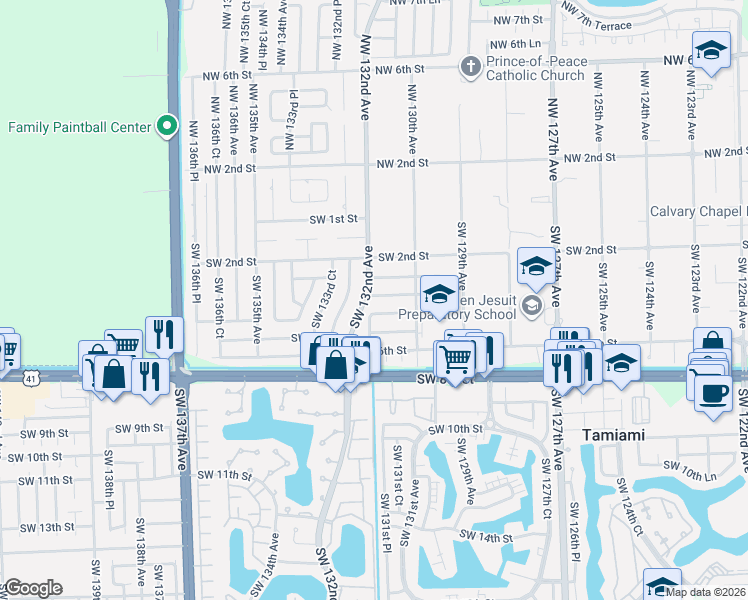 map of restaurants, bars, coffee shops, grocery stores, and more near 13138 Southwest 3rd Street in Miami