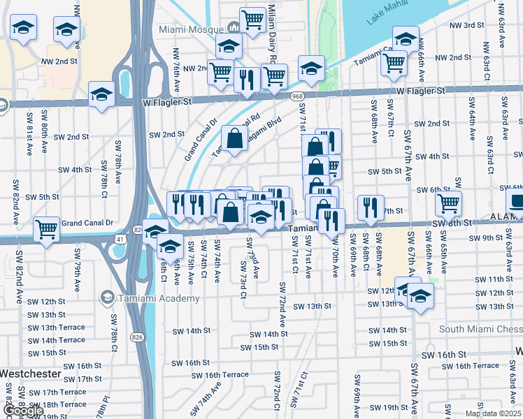map of restaurants, bars, coffee shops, grocery stores, and more near 7241 Southwest 7th Street in Miami