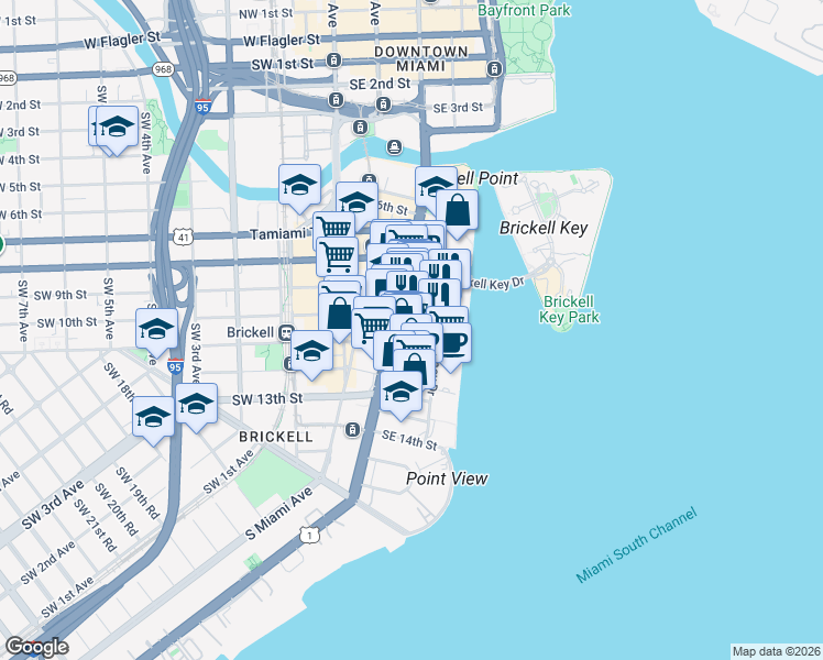 map of restaurants, bars, coffee shops, grocery stores, and more near 1001 Brickell Bay Drive in Miami