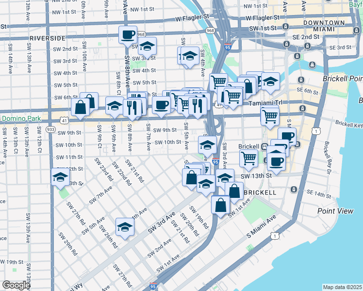map of restaurants, bars, coffee shops, grocery stores, and more near 558 Southwest 10th Street in Miami