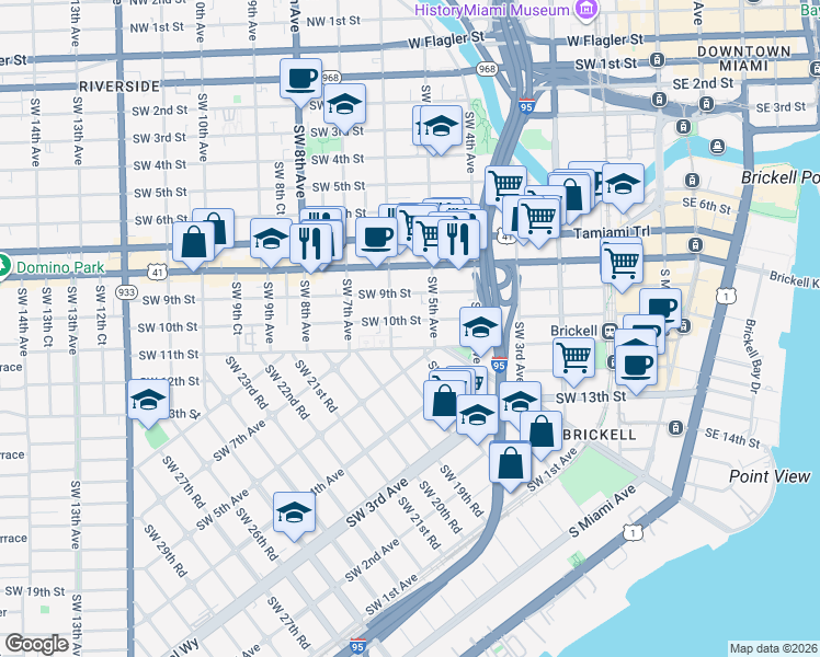map of restaurants, bars, coffee shops, grocery stores, and more near 558 Southwest 10th Street in Miami