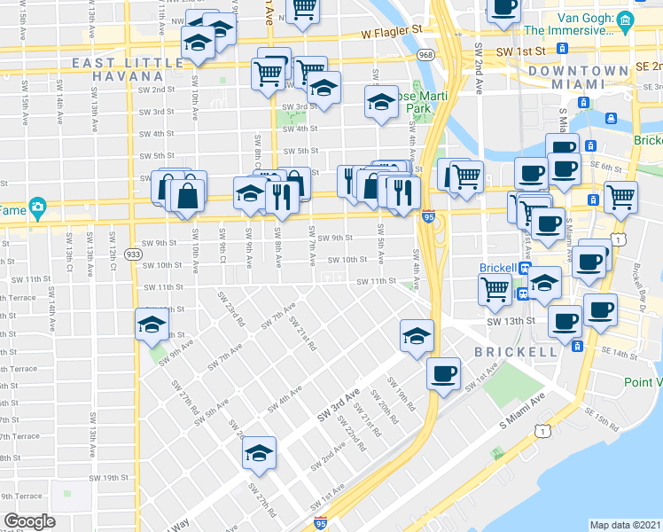 map of restaurants, bars, coffee shops, grocery stores, and more near 650 Southwest 10th Street in Miami