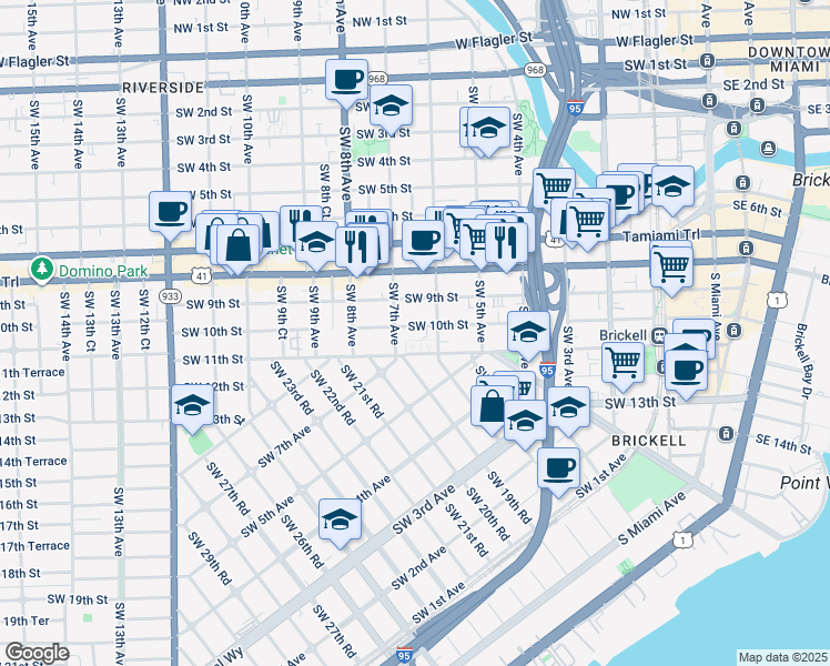 map of restaurants, bars, coffee shops, grocery stores, and more near 650 Southwest 10th Street in Miami