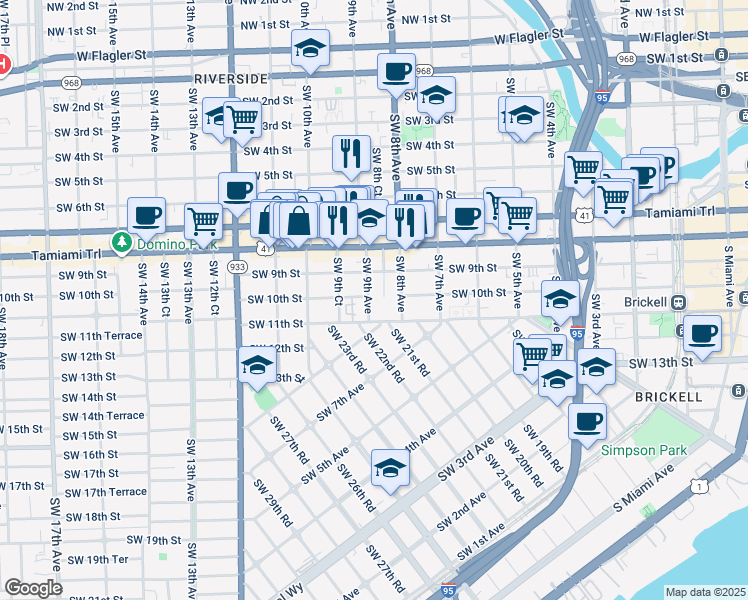 map of restaurants, bars, coffee shops, grocery stores, and more near 1003 Southwest 8th Avenue in Miami