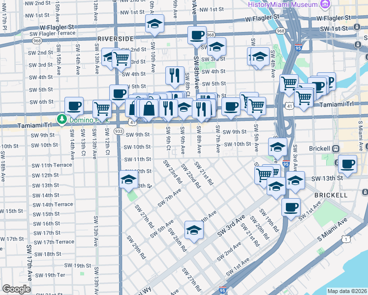 map of restaurants, bars, coffee shops, grocery stores, and more near 1003 Southwest 8th Avenue in Miami