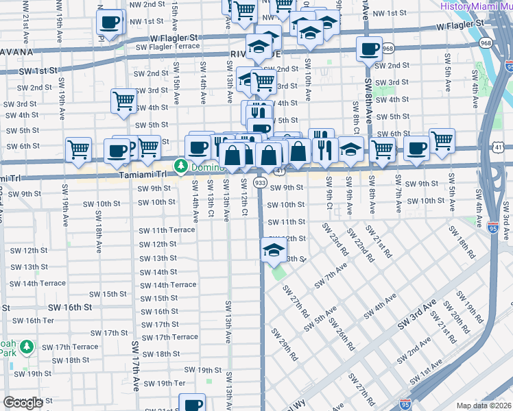 map of restaurants, bars, coffee shops, grocery stores, and more near 1171 Southwest 10th Street in Miami