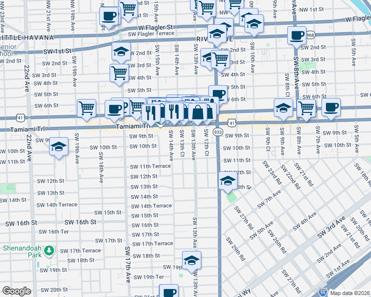 map of restaurants, bars, coffee shops, grocery stores, and more near 1314 Southwest 10th Street in Miami
