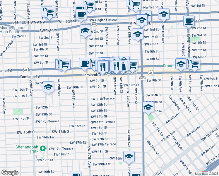 map of restaurants, bars, coffee shops, grocery stores, and more near 1020 Southwest 14th Avenue in Miami