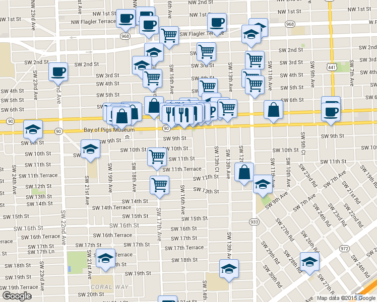 map of restaurants, bars, coffee shops, grocery stores, and more near 1520 Southwest 10th Street in Miami