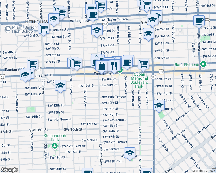 map of restaurants, bars, coffee shops, grocery stores, and more near 1644 Southwest 10th Street in Miami