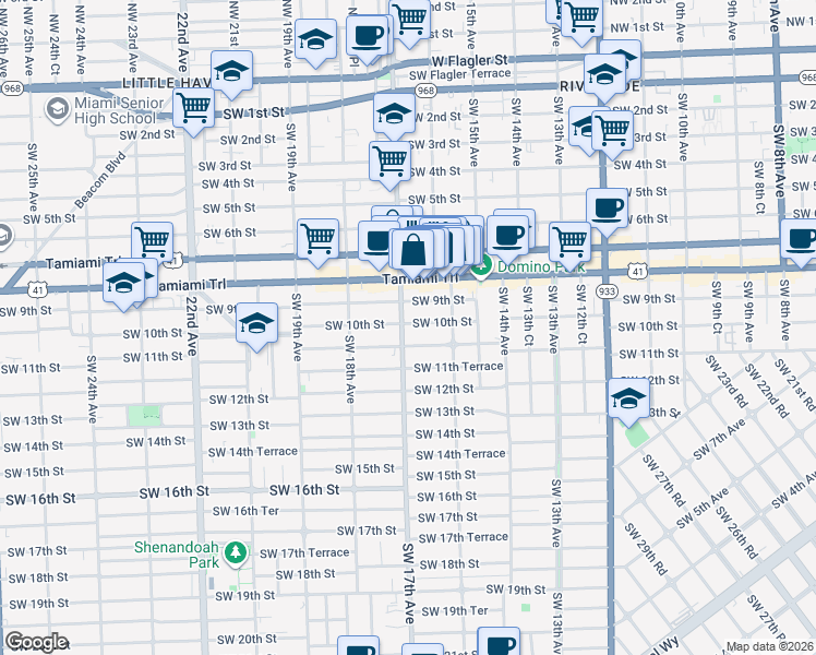 map of restaurants, bars, coffee shops, grocery stores, and more near 1644 Southwest 10th Street in Miami