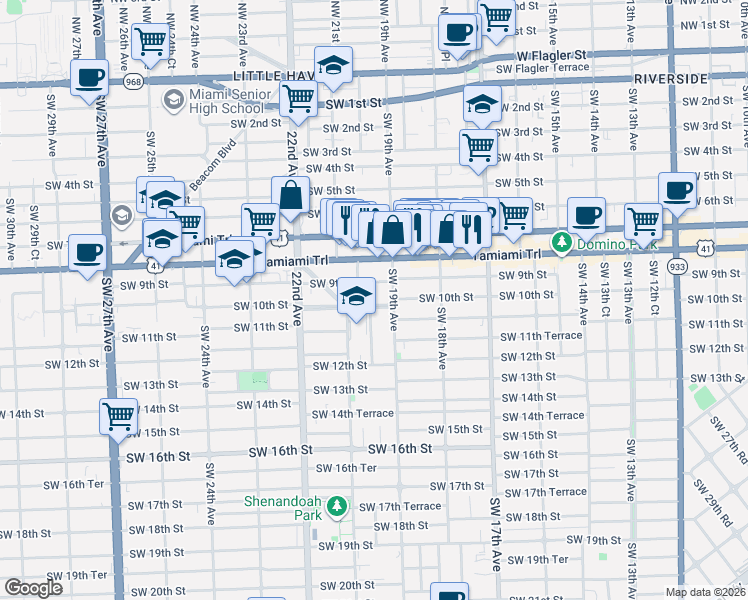 map of restaurants, bars, coffee shops, grocery stores, and more near 1935 Southwest 10th Street in Miami
