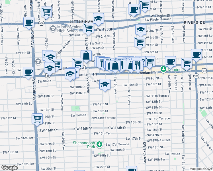 map of restaurants, bars, coffee shops, grocery stores, and more near 1935 Southwest 10th Street in Miami