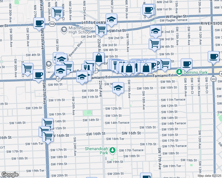 map of restaurants, bars, coffee shops, grocery stores, and more near 2131 Southwest 10th Street in Miami