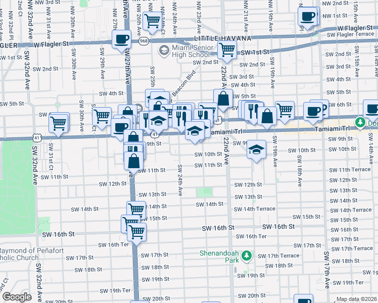 map of restaurants, bars, coffee shops, grocery stores, and more near 2313 Southwest 10th Street in Miami