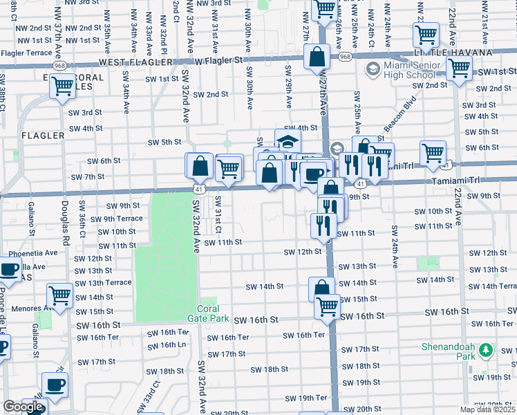 map of restaurants, bars, coffee shops, grocery stores, and more near 2970 Southwest 9th Street in Miami