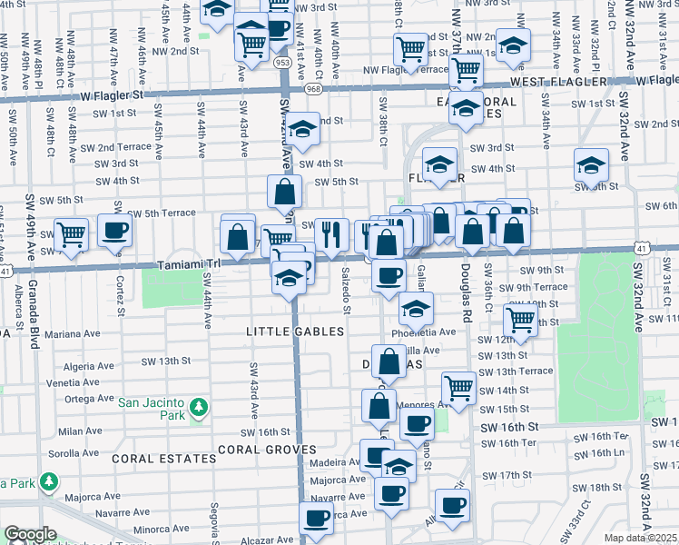 map of restaurants, bars, coffee shops, grocery stores, and more near 227 Antiquera Avenue in Coral Gables