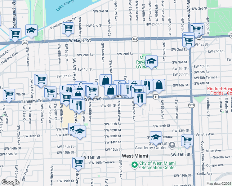 map of restaurants, bars, coffee shops, grocery stores, and more near 700 Southwest 63rd Avenue in Miami