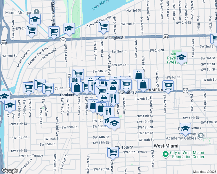 map of restaurants, bars, coffee shops, grocery stores, and more near 624 Ludlam Road in Miami