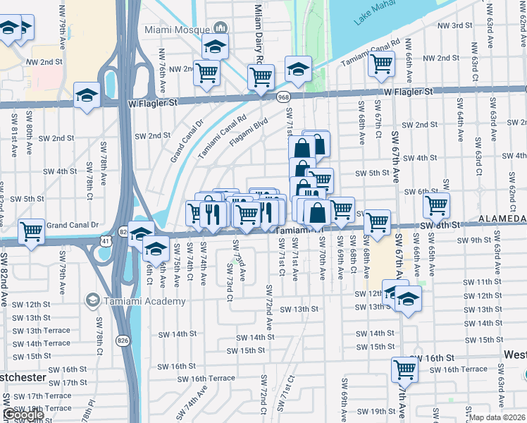 map of restaurants, bars, coffee shops, grocery stores, and more near 7161 Southwest 7th Street in Miami