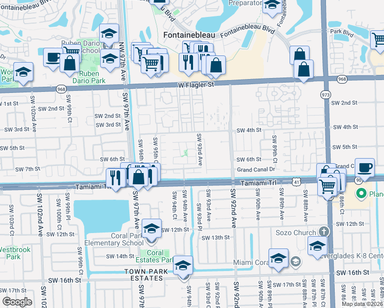 map of restaurants, bars, coffee shops, grocery stores, and more near 9320 Southwest 5th Lane in Miami