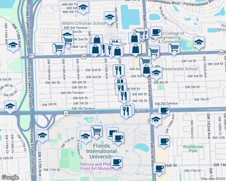 map of restaurants, bars, coffee shops, grocery stores, and more near 10982 Southwest 5th Street in Miami