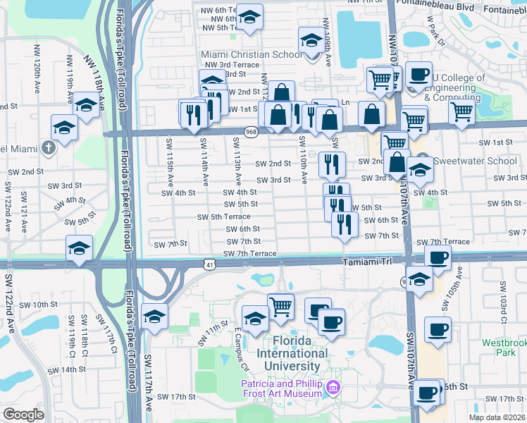 map of restaurants, bars, coffee shops, grocery stores, and more near 11239 Southwest 5th Terrace in Miami