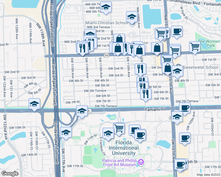 map of restaurants, bars, coffee shops, grocery stores, and more near 11239 Southwest 5th Terrace in Miami