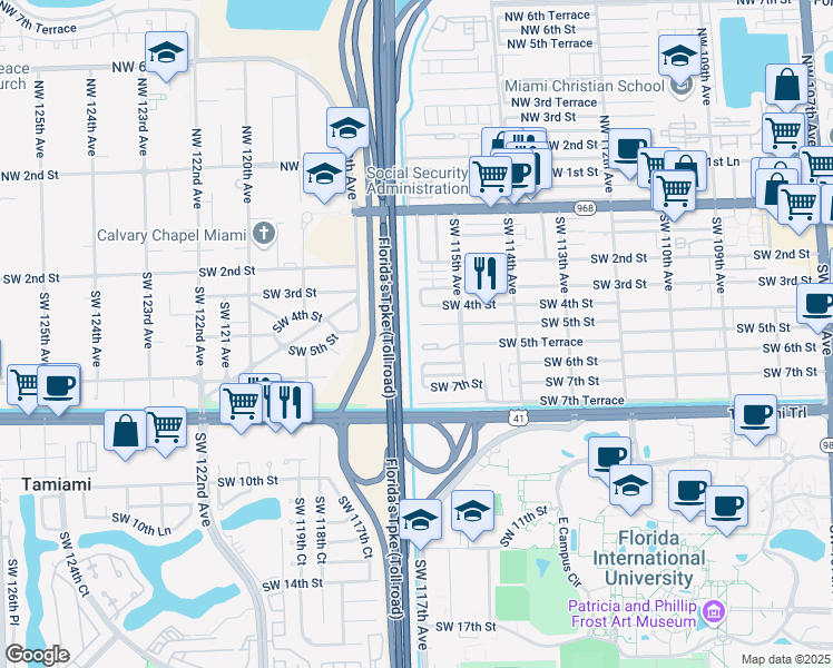 map of restaurants, bars, coffee shops, grocery stores, and more near 11572 Southwest 5th Street in Miami