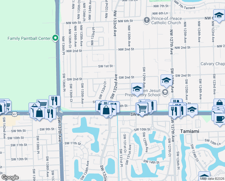 map of restaurants, bars, coffee shops, grocery stores, and more near 13138 Southwest 3rd Street in Miami