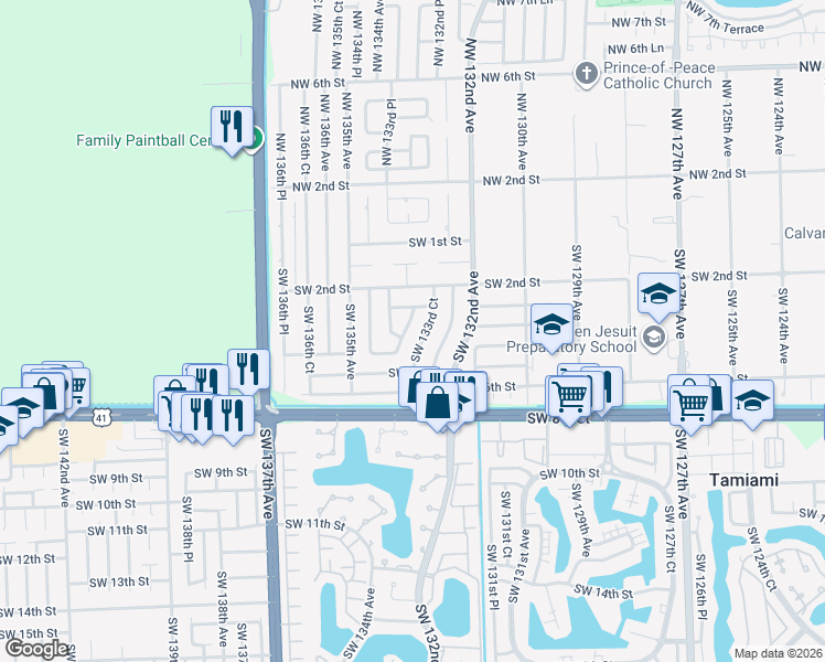 map of restaurants, bars, coffee shops, grocery stores, and more near 331 Southwest 134th Avenue in Miami