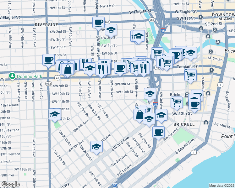map of restaurants, bars, coffee shops, grocery stores, and more near 650 Southwest 10th Street in Miami