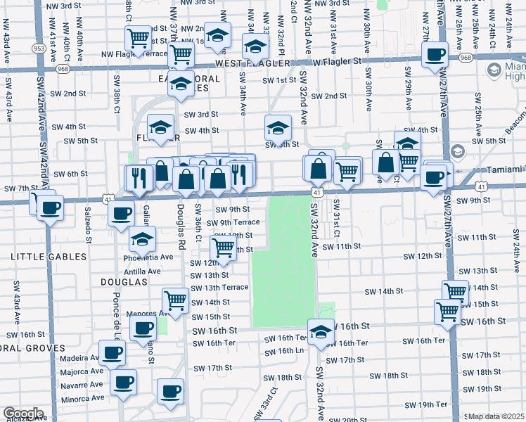 map of restaurants, bars, coffee shops, grocery stores, and more near 3300 Southwest 9th Street in Miami