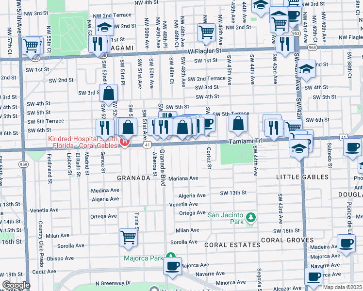 map of restaurants, bars, coffee shops, grocery stores, and more near 4836 Southwest 8th Street in Coral Gables