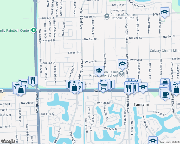 map of restaurants, bars, coffee shops, grocery stores, and more near 13038 Southwest 3rd Street in Miami