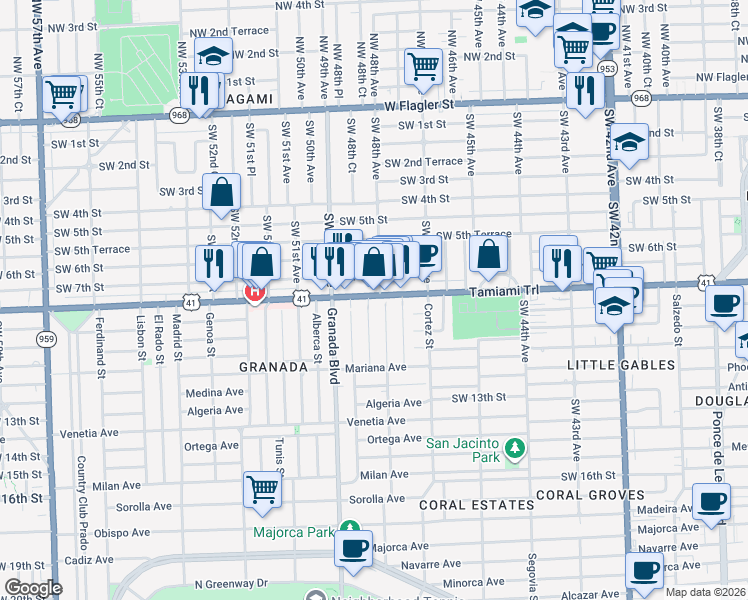 map of restaurants, bars, coffee shops, grocery stores, and more near 4836 Southwest 8th Street in Coral Gables