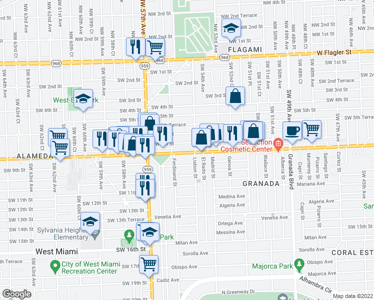 map of restaurants, bars, coffee shops, grocery stores, and more near 5535 Southwest 8th Street in Coral Gables