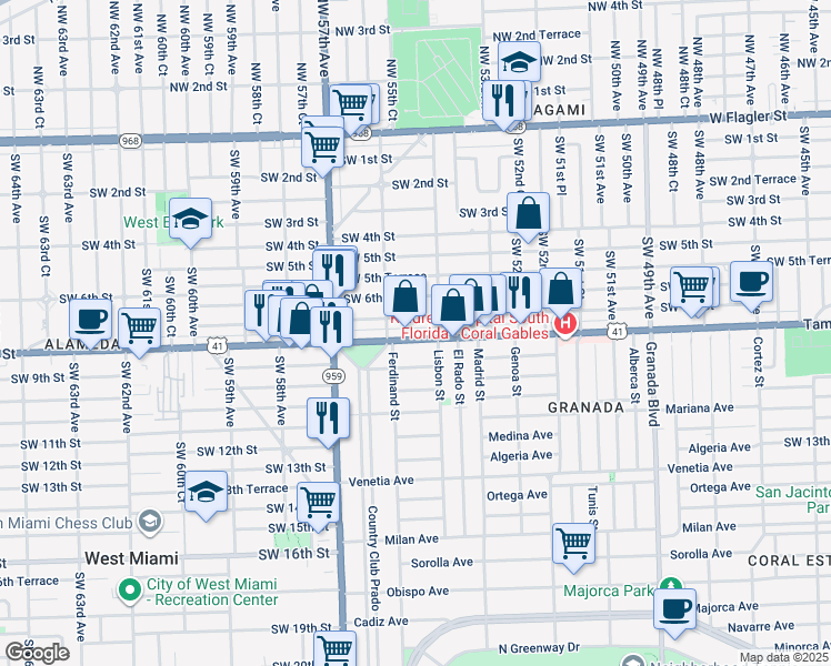 map of restaurants, bars, coffee shops, grocery stores, and more near 5535 Southwest 8th Street in Coral Gables