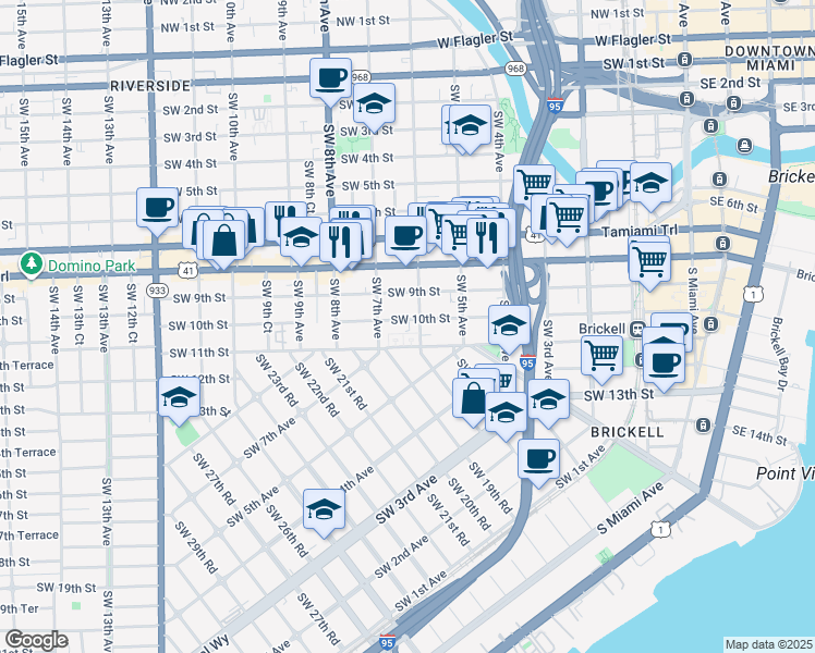 map of restaurants, bars, coffee shops, grocery stores, and more near 650 Southwest 10th Street in Miami