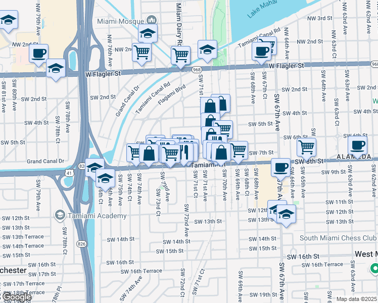 map of restaurants, bars, coffee shops, grocery stores, and more near 7161 Southwest 7th Street in Miami