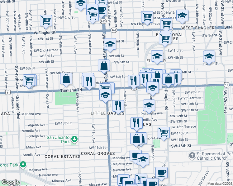map of restaurants, bars, coffee shops, grocery stores, and more near 802 Southwest 40th Avenue in Miami
