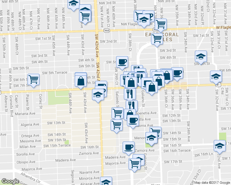 map of restaurants, bars, coffee shops, grocery stores, and more near 810 Salzedo Street in Miami
