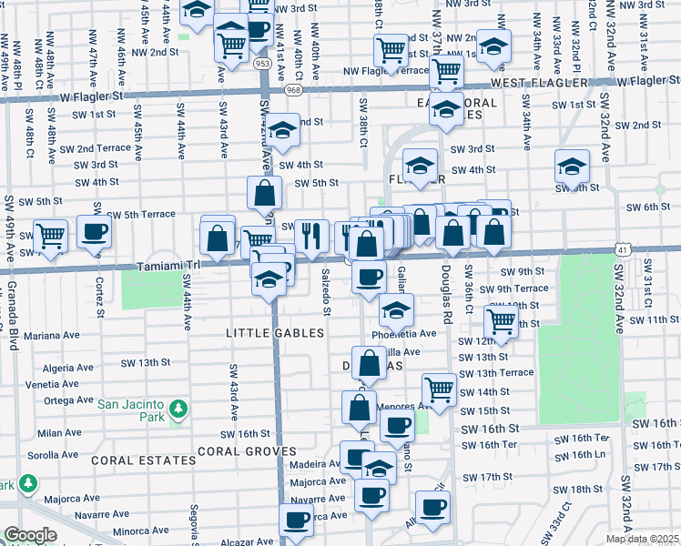 map of restaurants, bars, coffee shops, grocery stores, and more near 227 Antiquera Avenue in Coral Gables