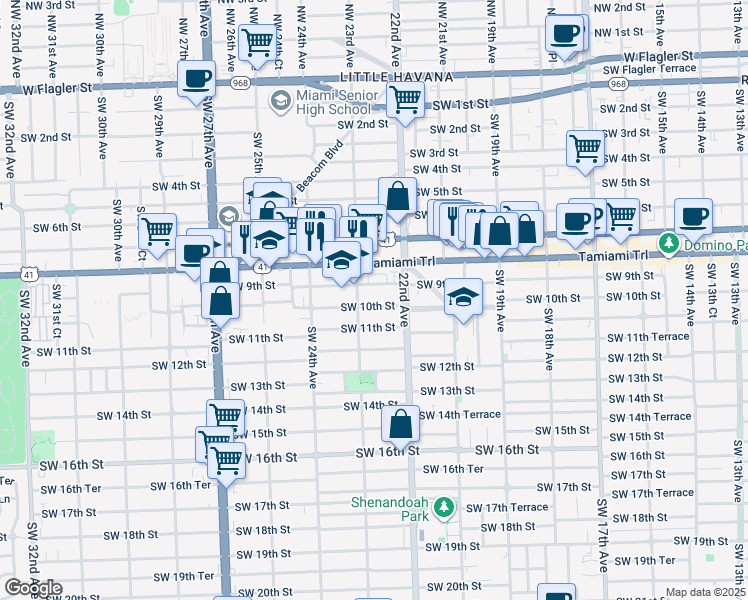map of restaurants, bars, coffee shops, grocery stores, and more near 2253 Southwest 10th Street in Miami