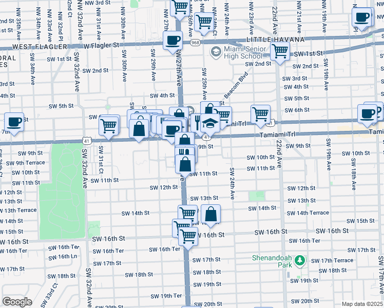 map of restaurants, bars, coffee shops, grocery stores, and more near 2601 Southwest 10th Street in Miami