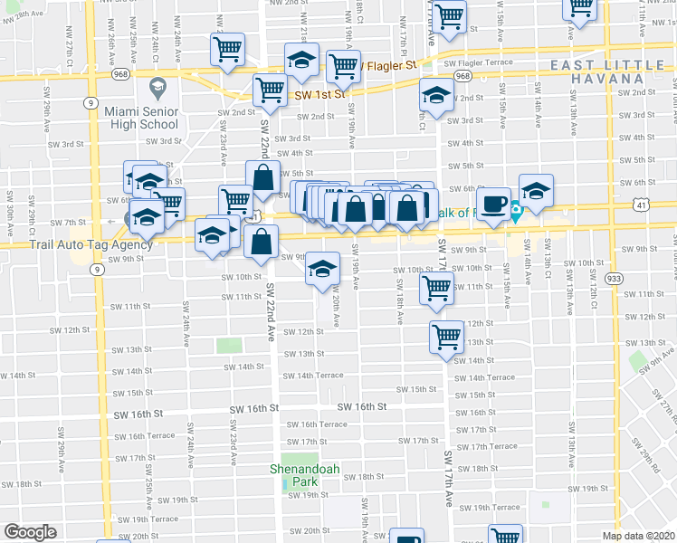 map of restaurants, bars, coffee shops, grocery stores, and more near 1935 Southwest 10th Street in Miami