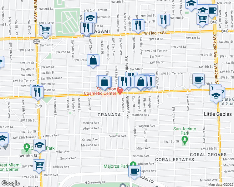 map of restaurants, bars, coffee shops, grocery stores, and more near 5100 Southwest 8th Street in Coral Gables