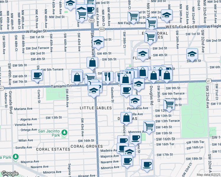 map of restaurants, bars, coffee shops, grocery stores, and more near 227 Antiquera Avenue in Coral Gables