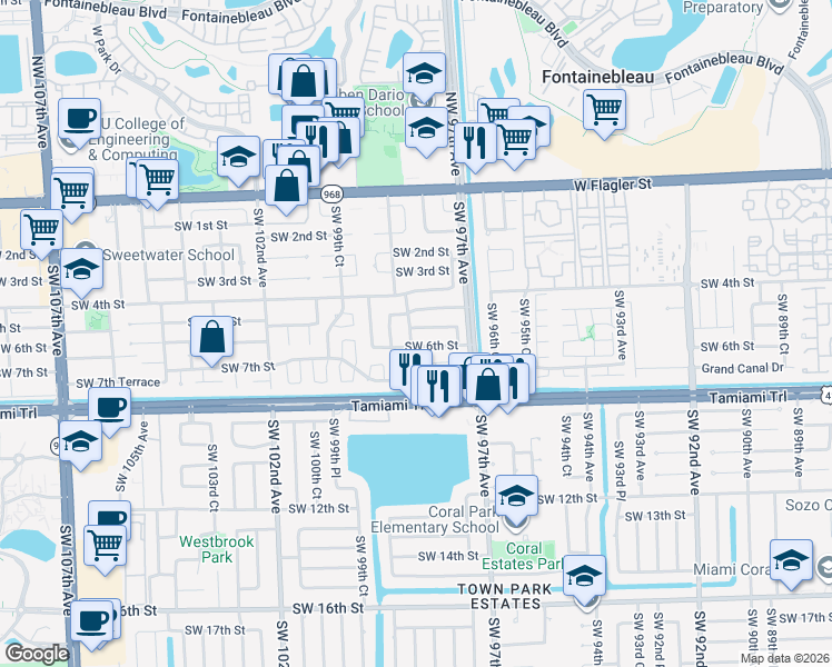 map of restaurants, bars, coffee shops, grocery stores, and more near 9810 Southwest 5th Street in Miami