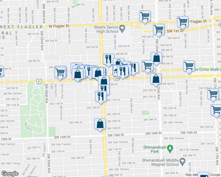 map of restaurants, bars, coffee shops, grocery stores, and more near 2601 Southwest 10th Street in Miami